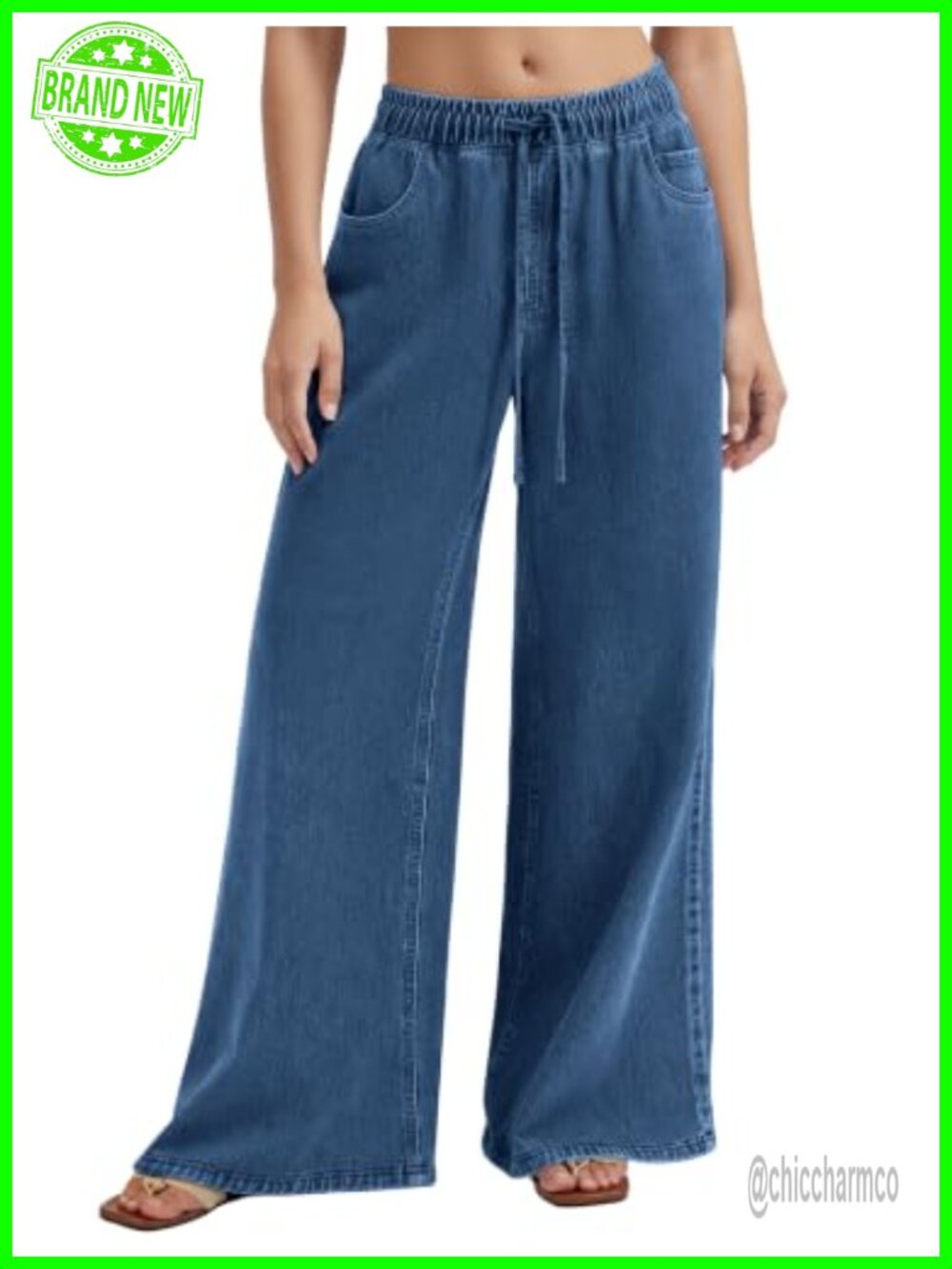 Baggy Jeans High Waisted Wide Leg Stretchy Drawstring Denim